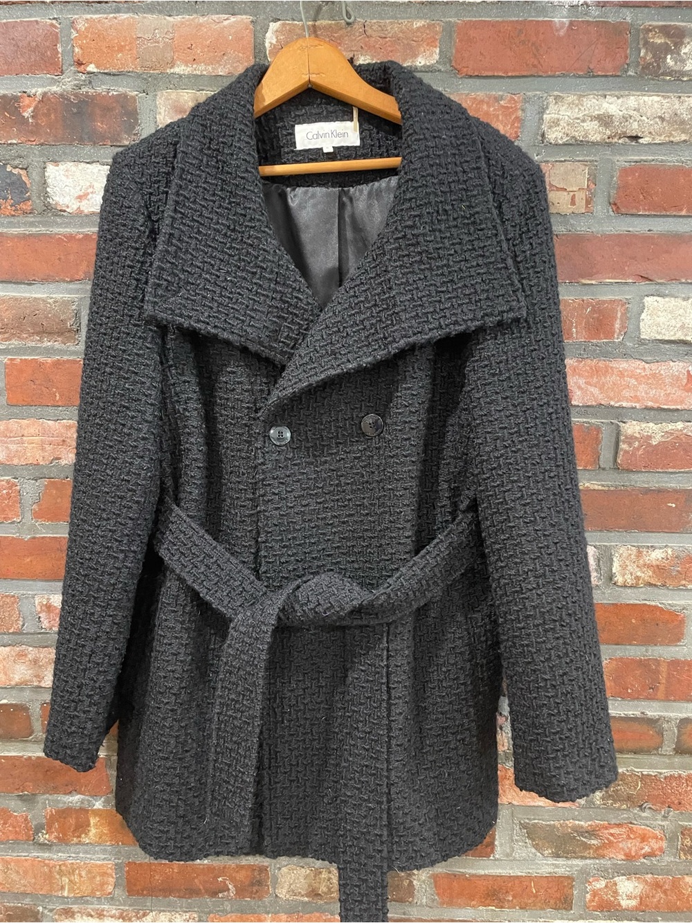 Calvin Klein Black Textured Wool-Blend Belted Peacoat